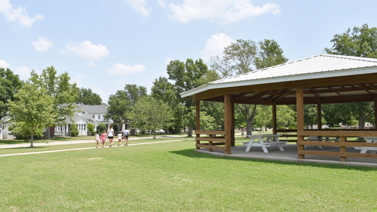 A public picnic pavilion and lawn in a US neighborhood