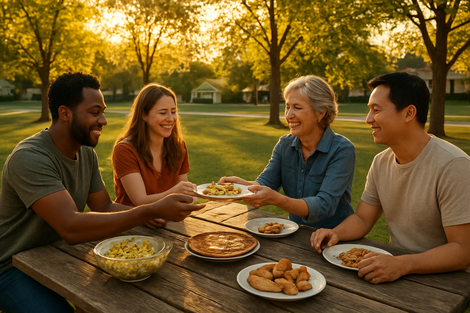 Neighbors meeting at a public place to exchange goods